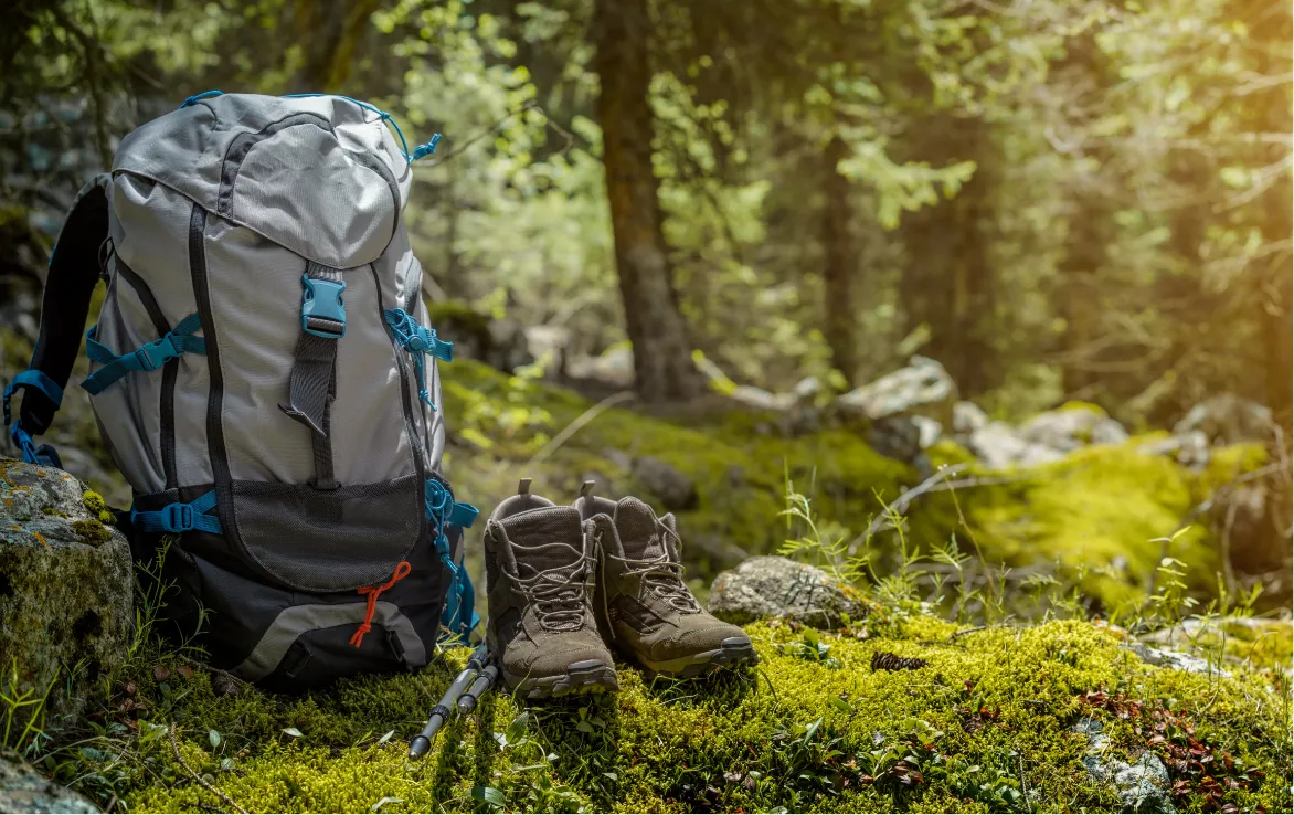 Wanderrucksack und Schuhe im Wald
